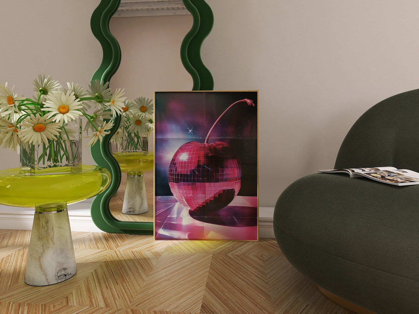 80s Cherry Disco Ball Print